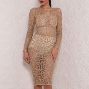 Gold long sleeve bodycon midi party dress